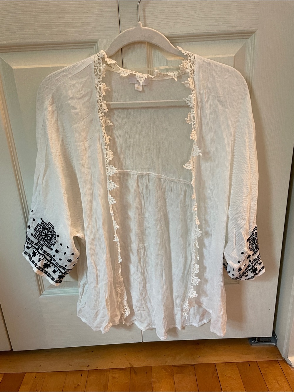 White Embroidered Open-Front Women's Top